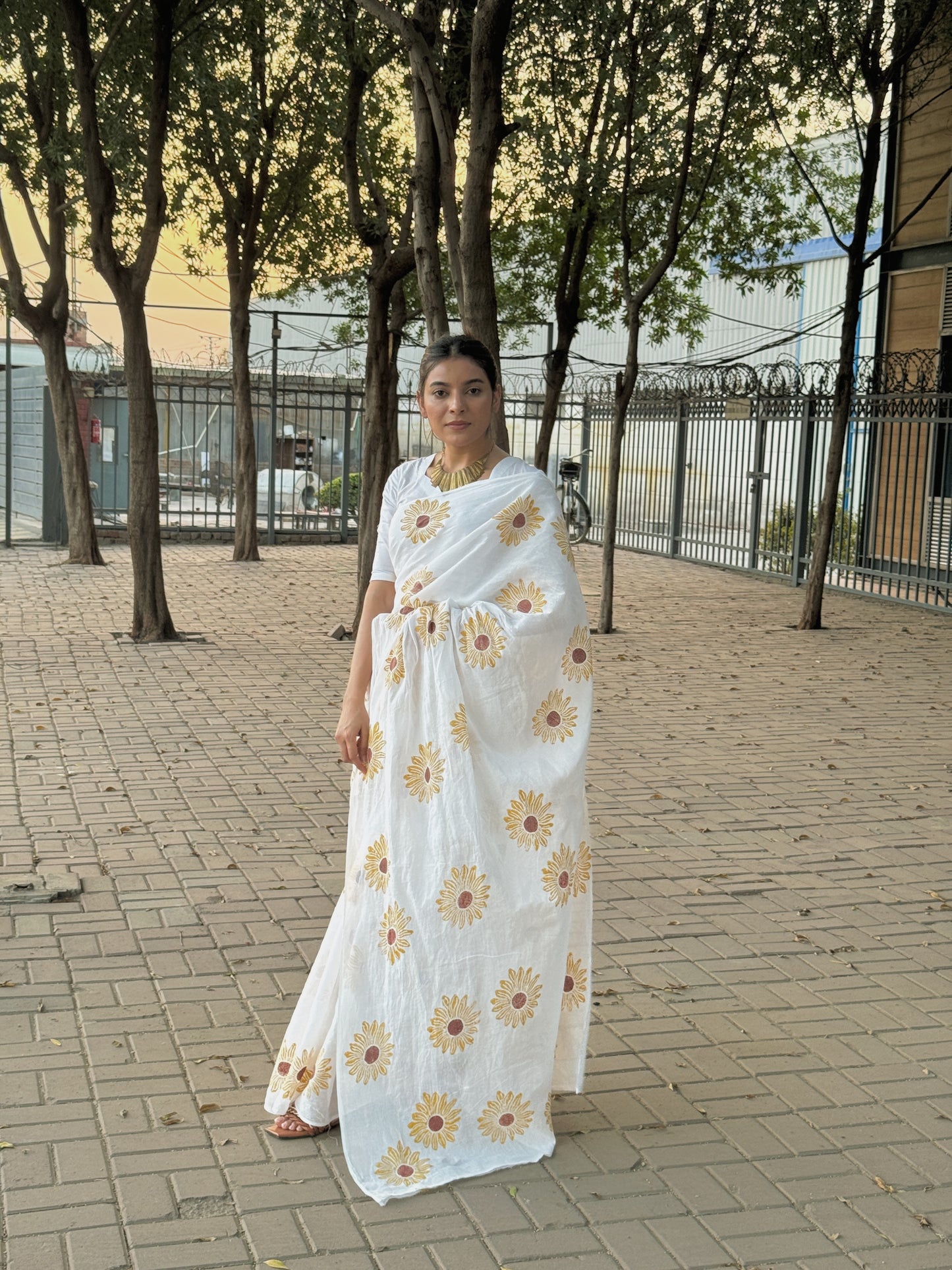 Sunflower Hand Block Print Cotton Saree