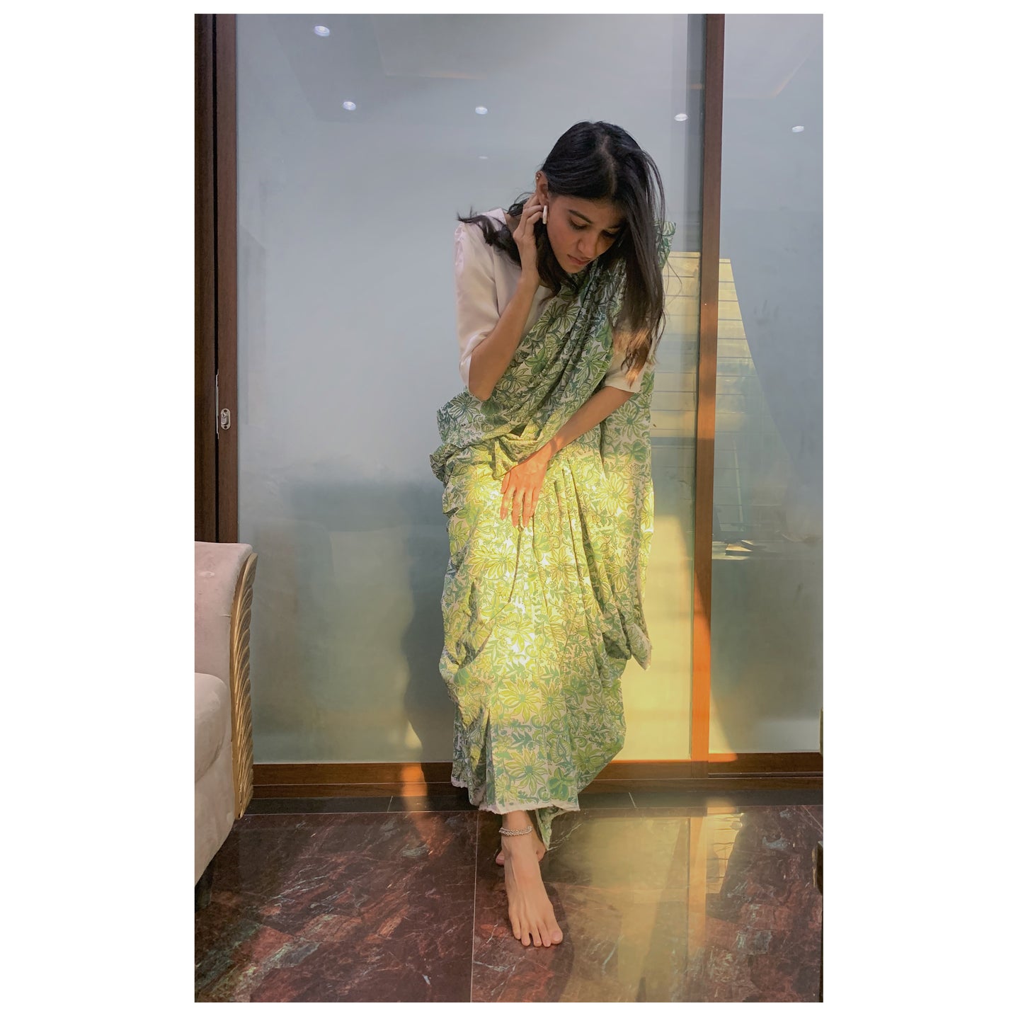 Floral Green Hand Block Print Cotton Saree
