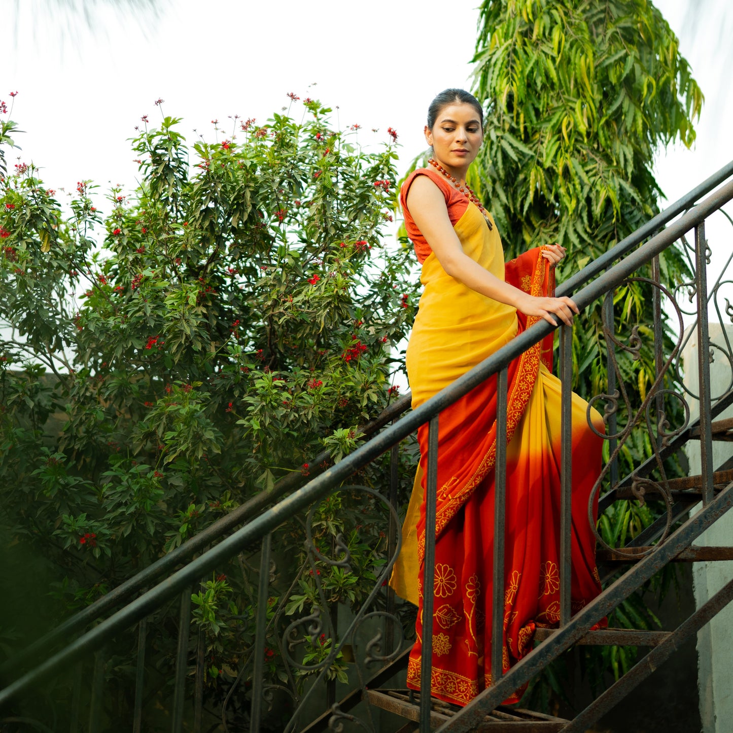 sunset Chiffon Hand Block Print Saree