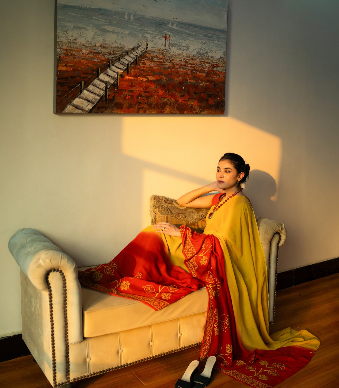 sunset Chiffon Hand Block Print Saree