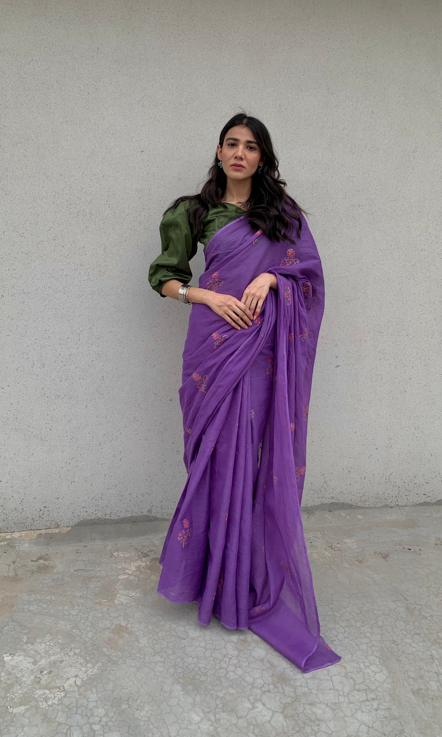 Lavender Hand Block Print Cotton Saree