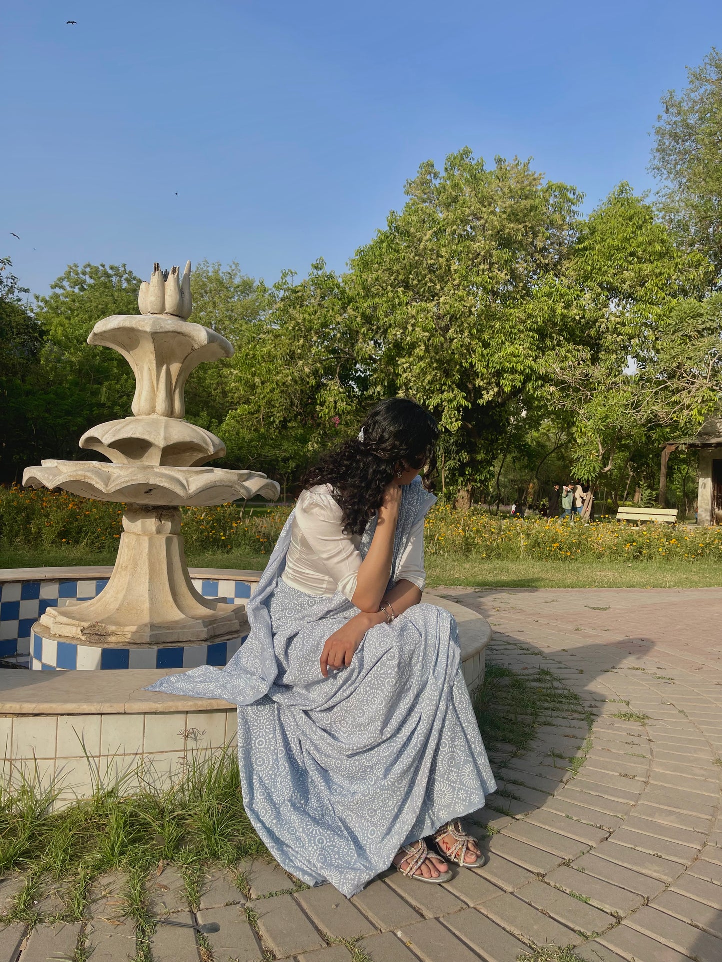 Chunri Pastel Blue Hand Block Print Cotton Saree
