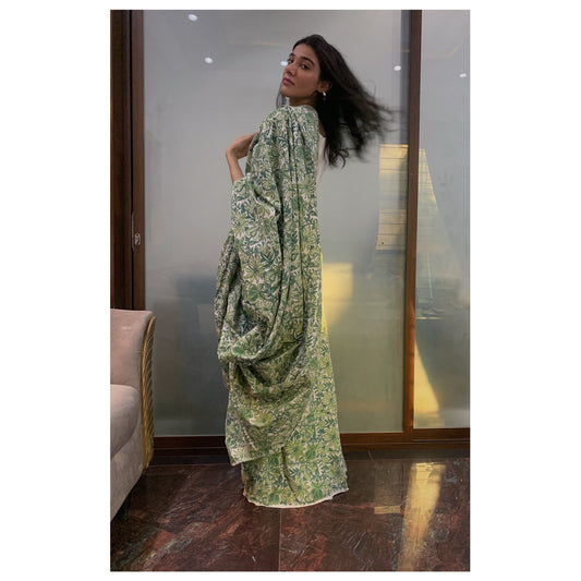 Floral Green Hand Block Print Cotton Saree