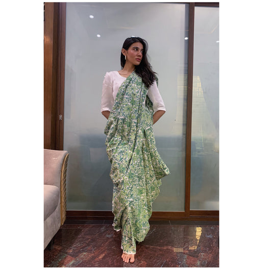 Floral Green Hand Block Print Cotton Saree