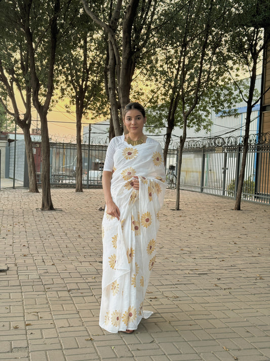 Sunflower Hand Block Print Cotton Saree