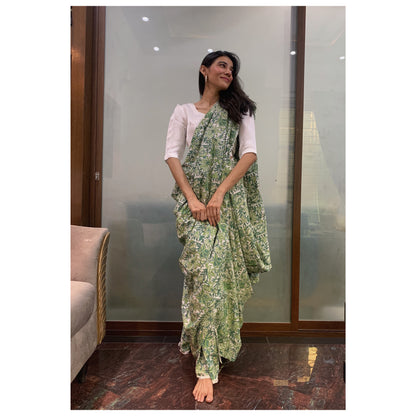 Floral Green Hand Block Print Cotton Saree