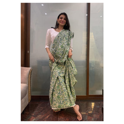 Floral Green Hand Block Print Cotton Saree