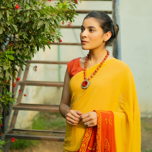 sunset Chiffon Hand Block Print Saree