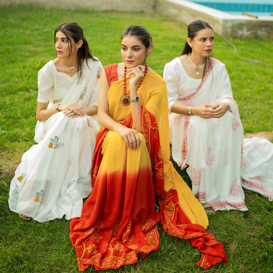 sunset Chiffon Hand Block Print Saree
