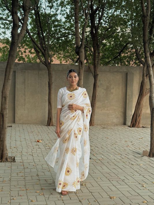 Sunflower Hand Block Print Cotton Saree