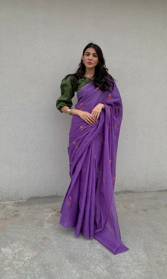 Lavender Hand Block Print Cotton Saree