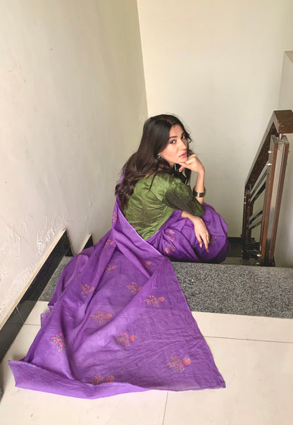 Lavender Hand Block Print Cotton Saree