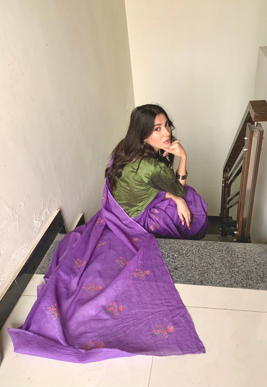 Lavender Hand Block Print Cotton Saree