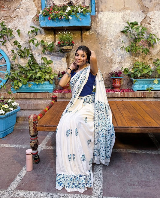 Blue Bell Hand Block Print Cotton Saree