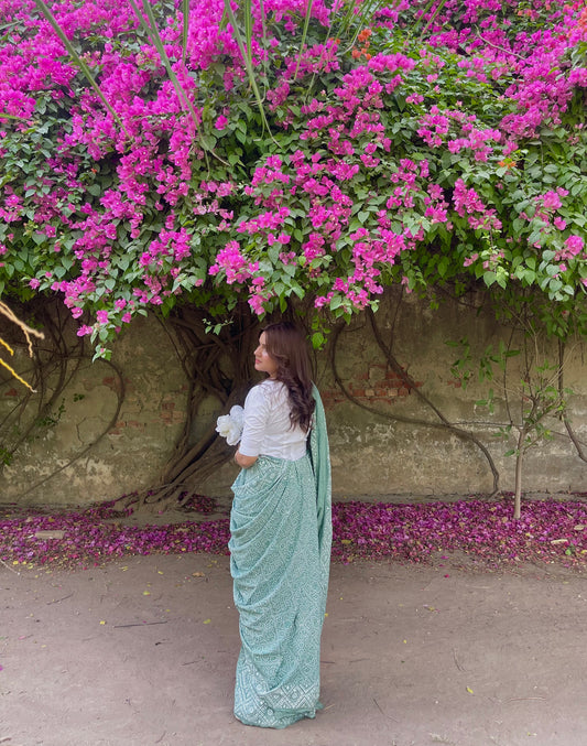 Chunri Pastel Green Hand Block Print Cotton Saree