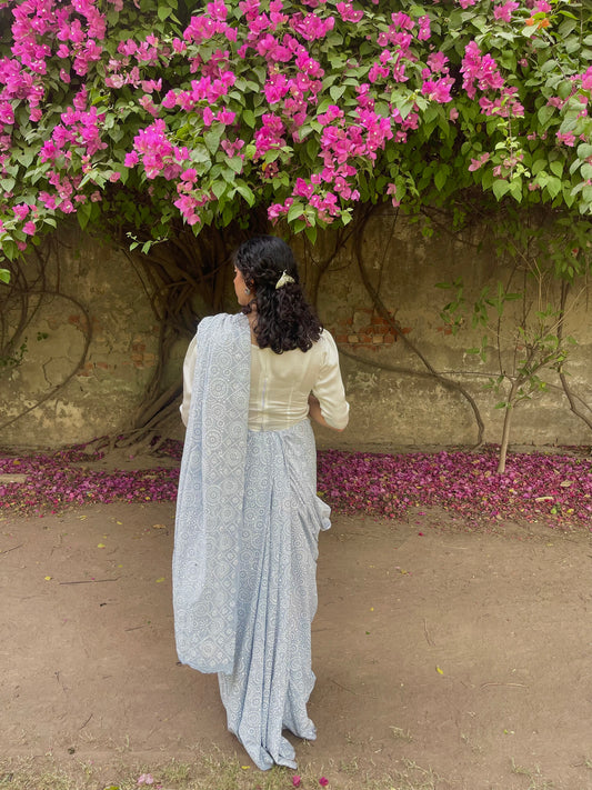 Chunri Pastel Blue Hand Block Print Cotton Saree