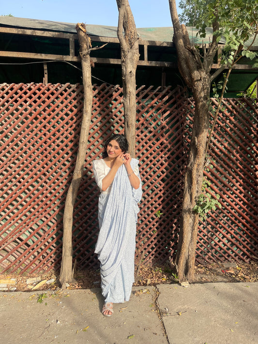 Chunri Pastel Blue Hand Block Print Cotton Saree