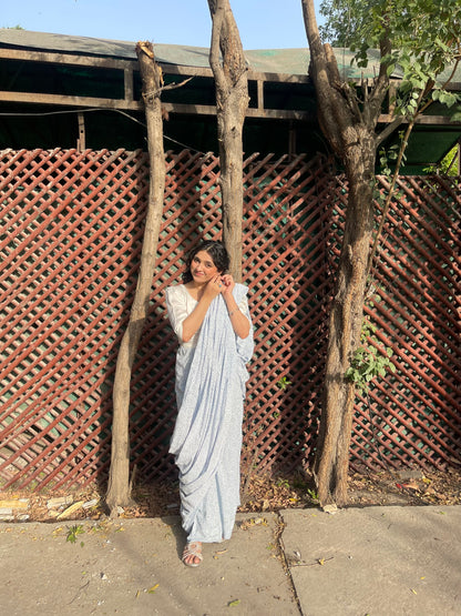 Chunri Pastel Blue Hand Block Print Cotton Saree