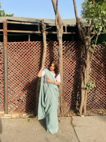 Chunri Pastel Green Hand Block Print Cotton Saree