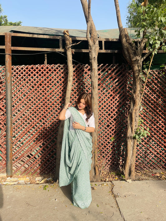 Chunri Pastel Green Hand Block Print Cotton Saree