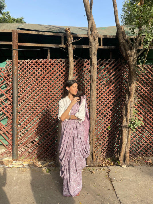 Chunri Pastel Lavender Hand Block Print Cotton Saree