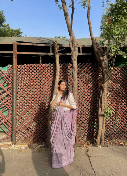 Chunri Pastel Lavender Hand Block Print Cotton Saree