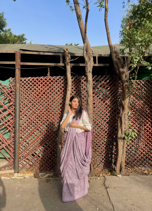 Chunri Pastel Lavender Hand Block Print Cotton Saree