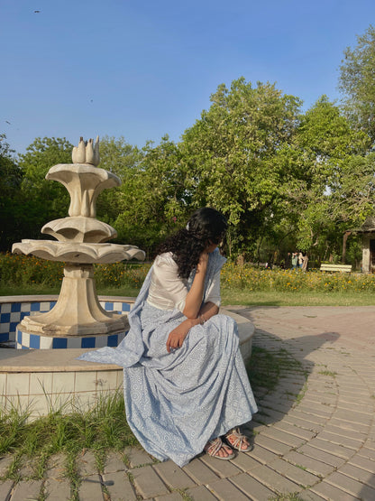 Chunri Pastel Blue Hand Block Print Cotton Saree