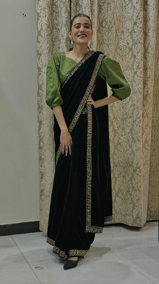 Green Velvet Saree