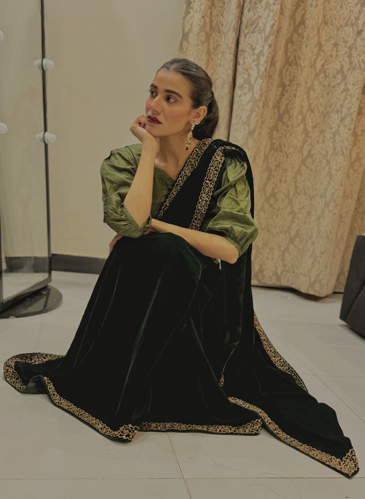 Green Velvet Saree